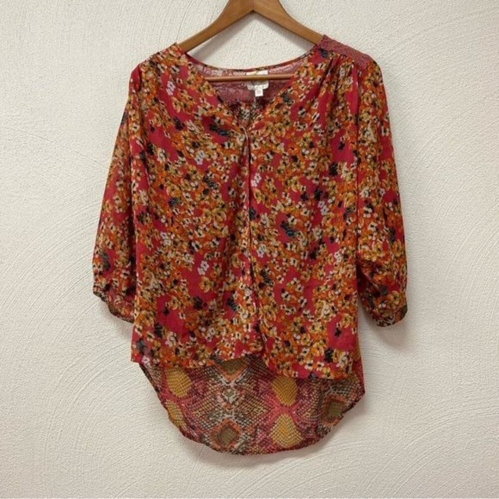 Anthropologie Figs & Flower Sheer Red Floral 3/4 Sleeve Blouse Sz S